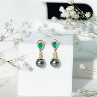 Genuine Black Pearl Wedding Earrings with Emerald and Diamond