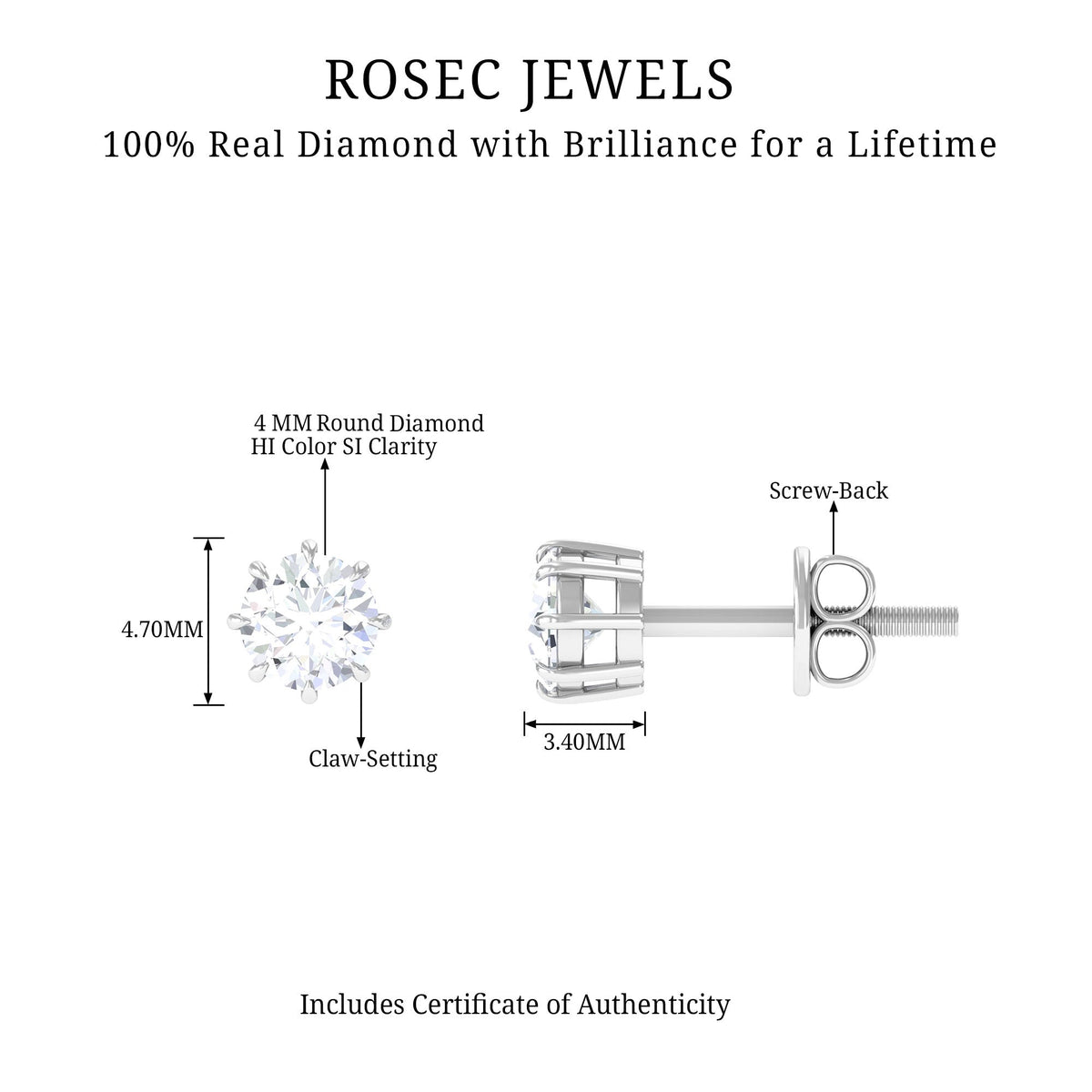Natural 0.5 carat diamond solitaire stud earrings in 8-claw prong setting by Rosec Jewels, showcasing sparkling diamond detail.