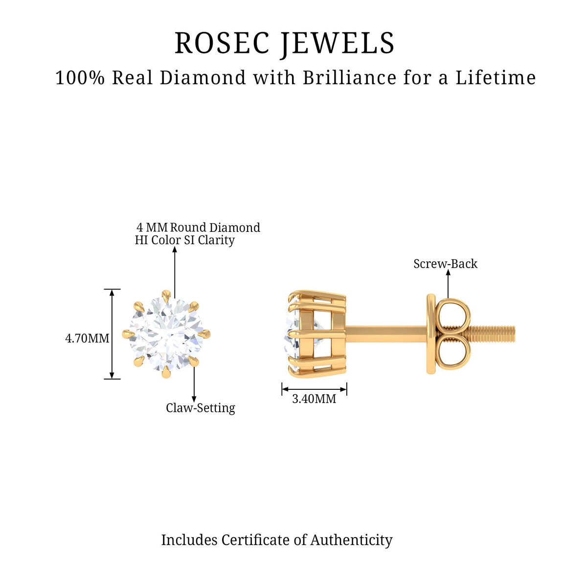 Natural 0.5 carat diamond solitaire stud earrings in 8 claw prong setting by Rosec Jewels, showcasing sparkling diamond and elegant design.