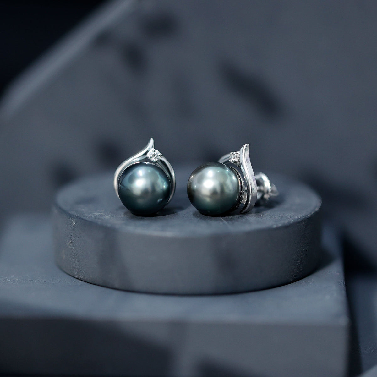 Cultured 16 Carat Tahitian Pearl Bridal Stud Earrings with Diamond