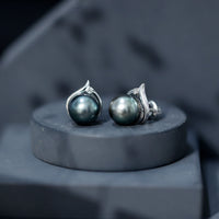 Cultured 16 Carat Tahitian Pearl Bridal Stud Earrings with Diamond
