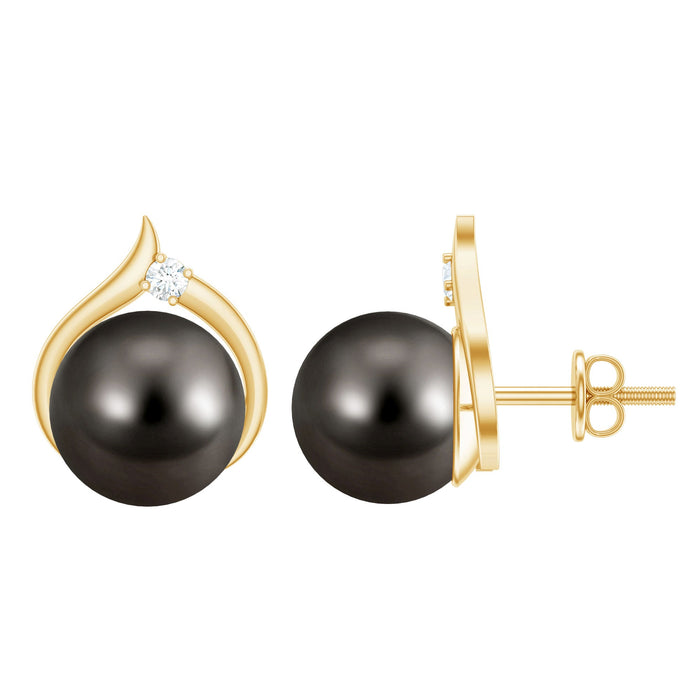Cultured 16 Carat Tahitian Pearl bridal stud earrings with diamonds by Rosec Jewels, showcasing elegant dark pearls and sparkling accents.