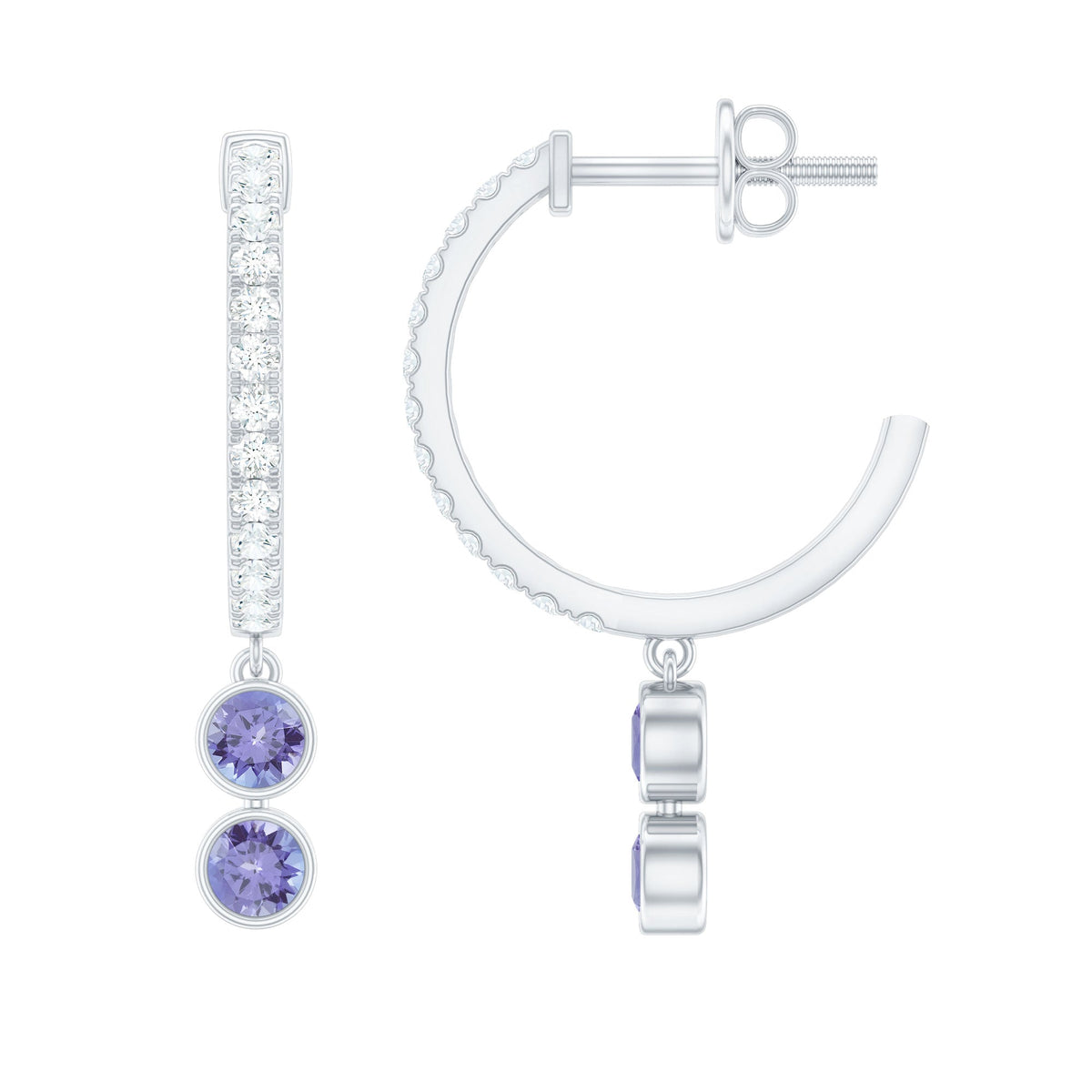 Minimal Tanzanite and diamond hoop drop earrings by Rosec Jewels featuring elegant gold hoops with sparkling gemstones.