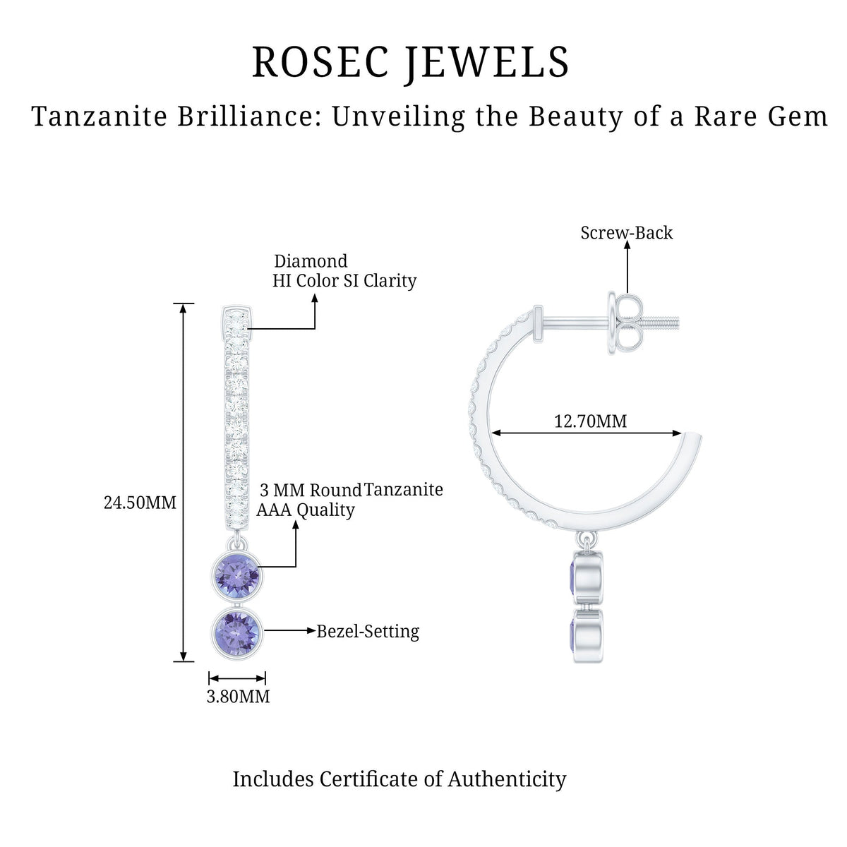 Minimal Tanzanite and Diamond Hoop Drop Earrings by Rosec Jewels featuring sleek hoops with tanzanite and diamond accents.