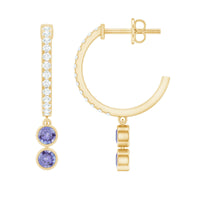 Minimal Tanzanite and diamond hoop drop earrings by Rosec Jewels featuring elegant gold hoops with sparkling gemstones.