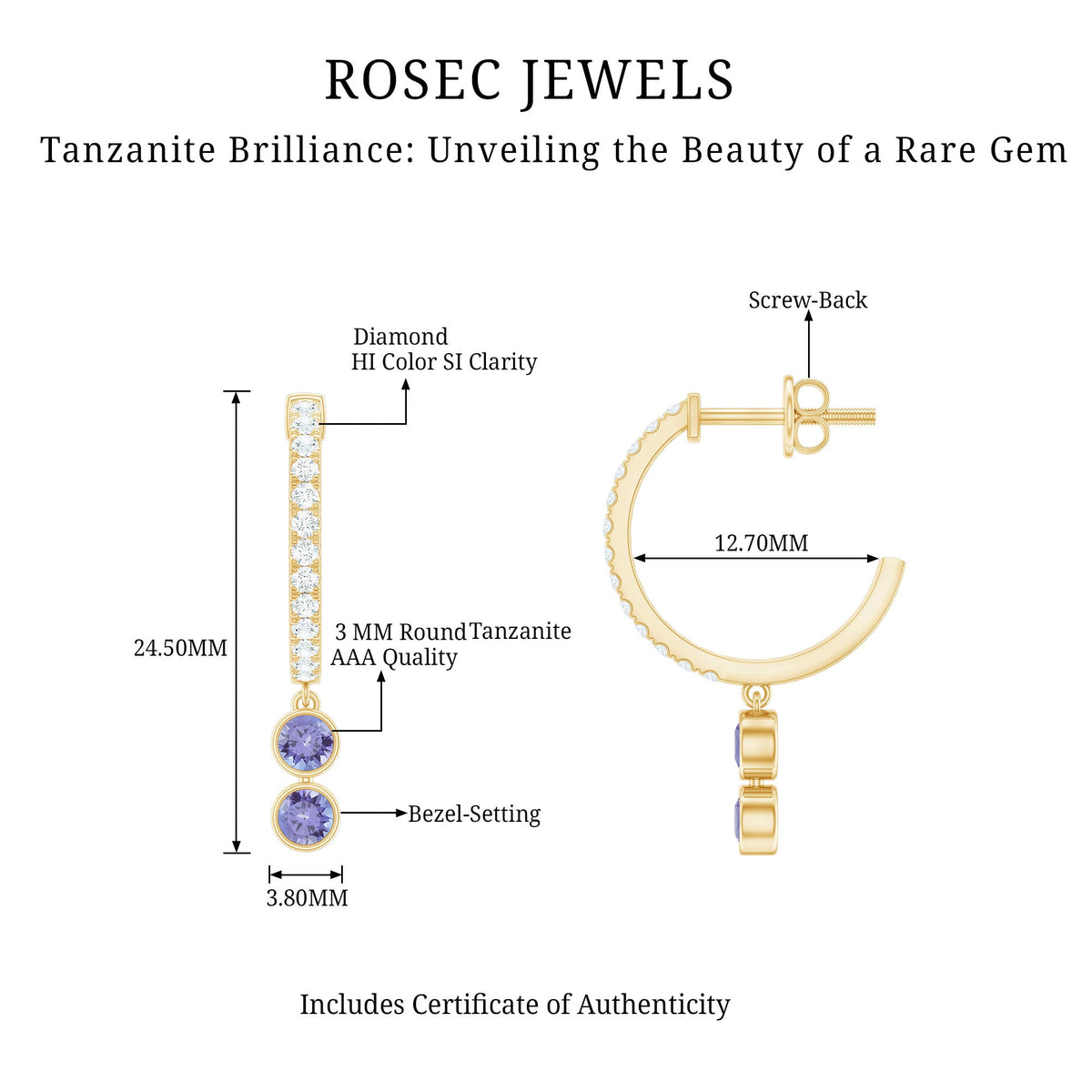 Minimal Tanzanite and Diamond Hoop Drop Earrings by Rosec Jewels featuring elegant hoops with blue Tanzanite stones and sparkling diamonds.
