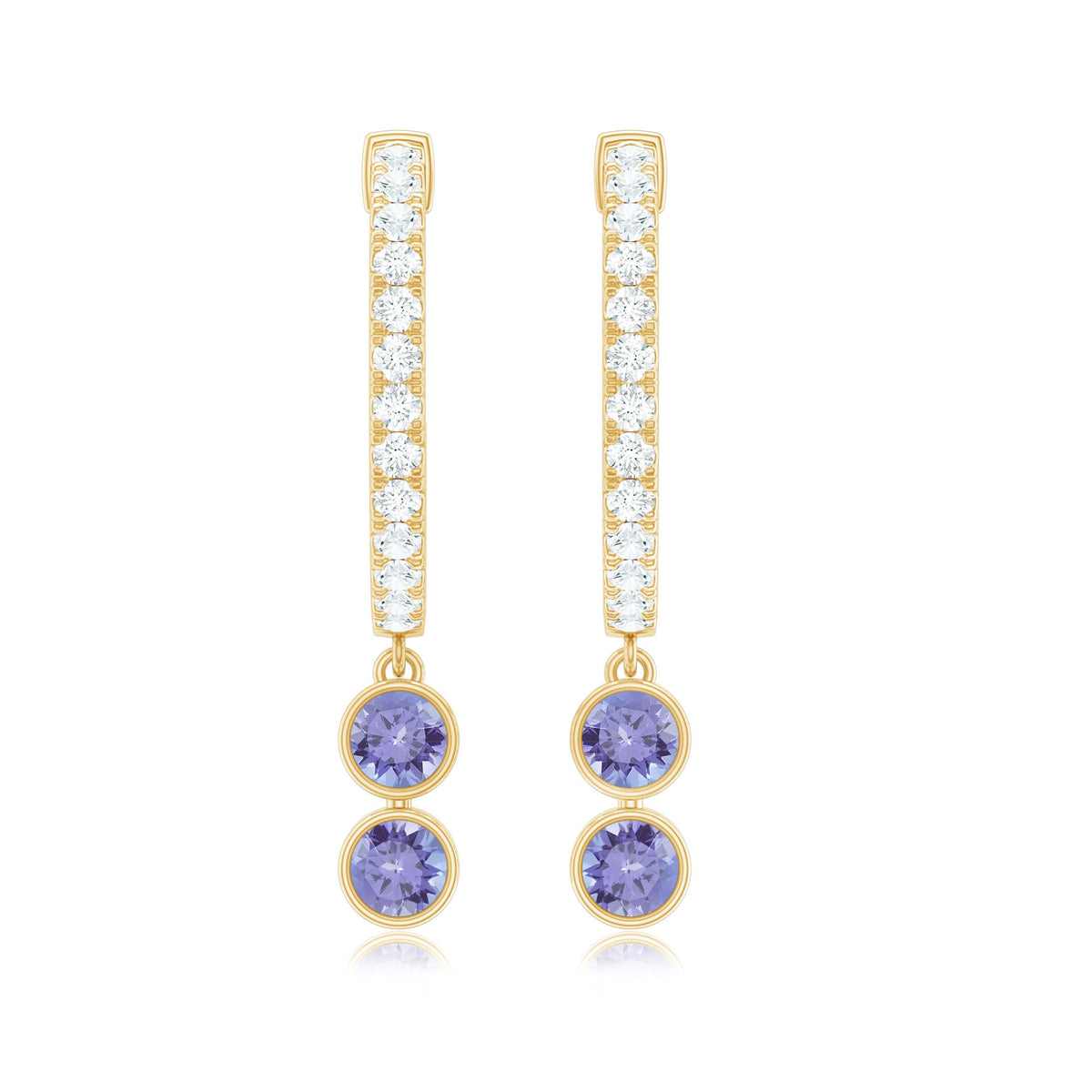 Minimal Tanzanite and Diamond Hoop Drop Earrings from Rosec Jewels, showcasing elegant gold hoops with sparkling gemstones.