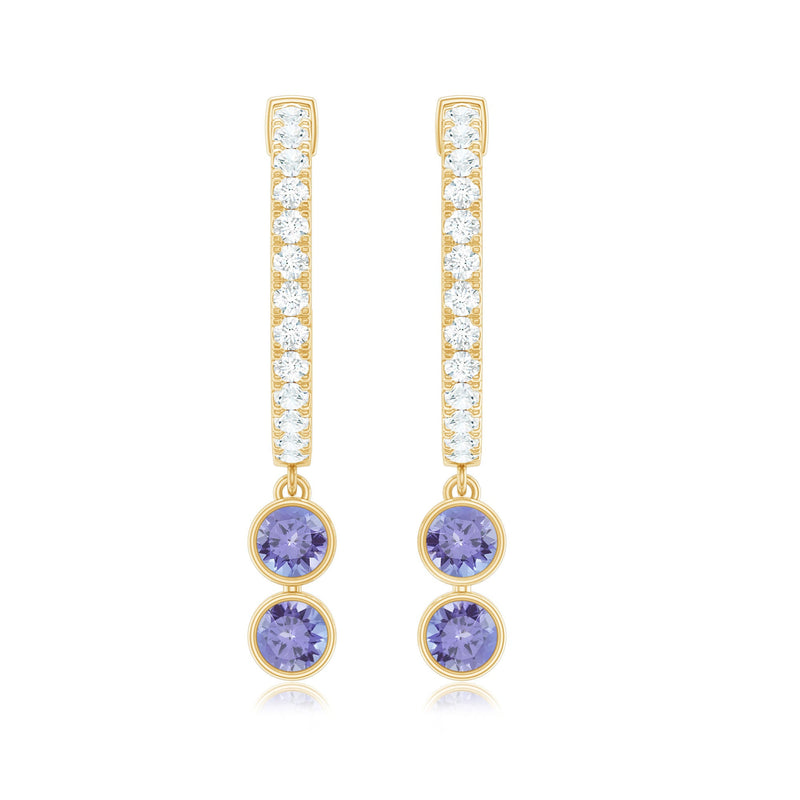 Minimal Tanzanite and Diamond Hoop Drop Earrings from Rosec Jewels, showcasing elegant gold hoops with sparkling gemstones.