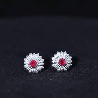 Bezel Set Real Ruby Flower Stud Earrings