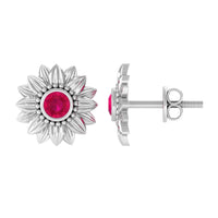 Bezel Set Real Ruby Flower Stud Earrings