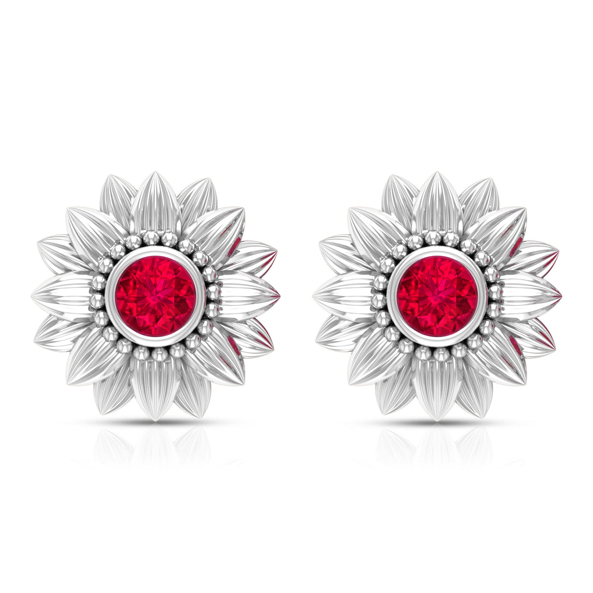 Bezel Set Real Ruby Flower Stud Earrings