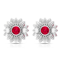 Bezel Set Real Ruby Flower Stud Earrings