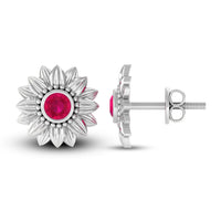 Bezel Set Real Ruby Flower Stud Earrings