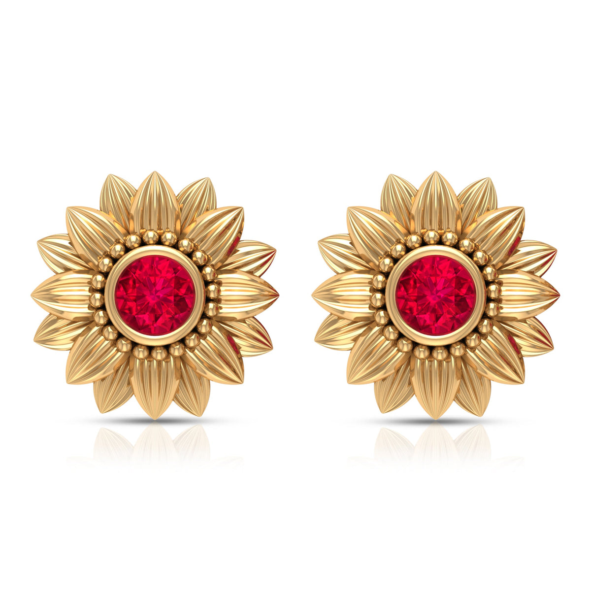 Bezel Set Real Ruby Flower Stud Earrings