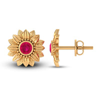 Bezel Set Real Ruby Flower Stud Earrings