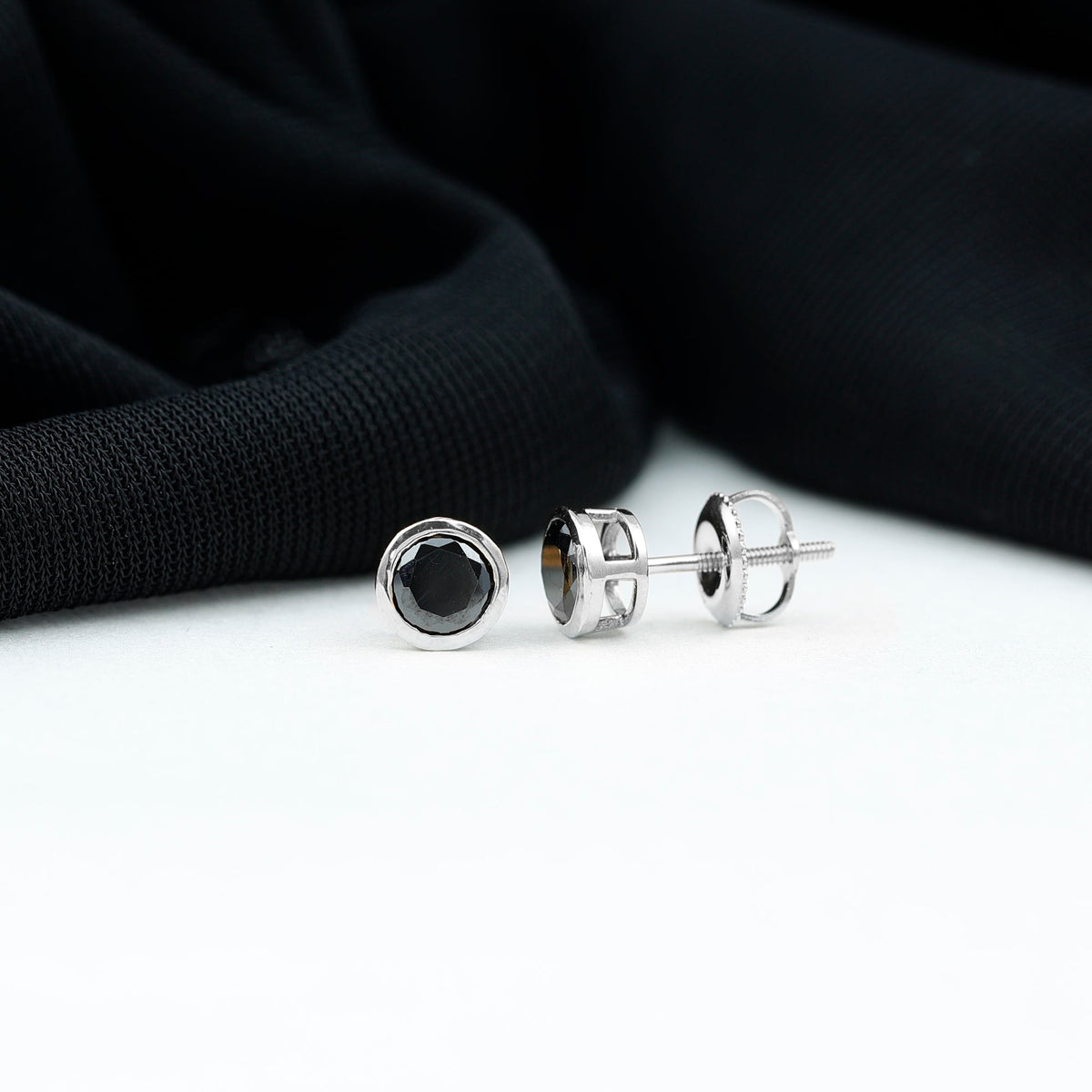 1.6 Carat Created Black Diamond Solitaire Stud Earring in Bezel Setting