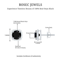 Vintage Black Onyx Stud Earrings with Diamond Halo