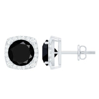 3 Carat Black Spinel Stud Earrings with Diamond Halo