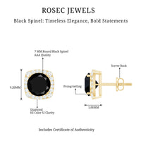3 Carat Black Spinel Stud Earrings with Diamond Halo