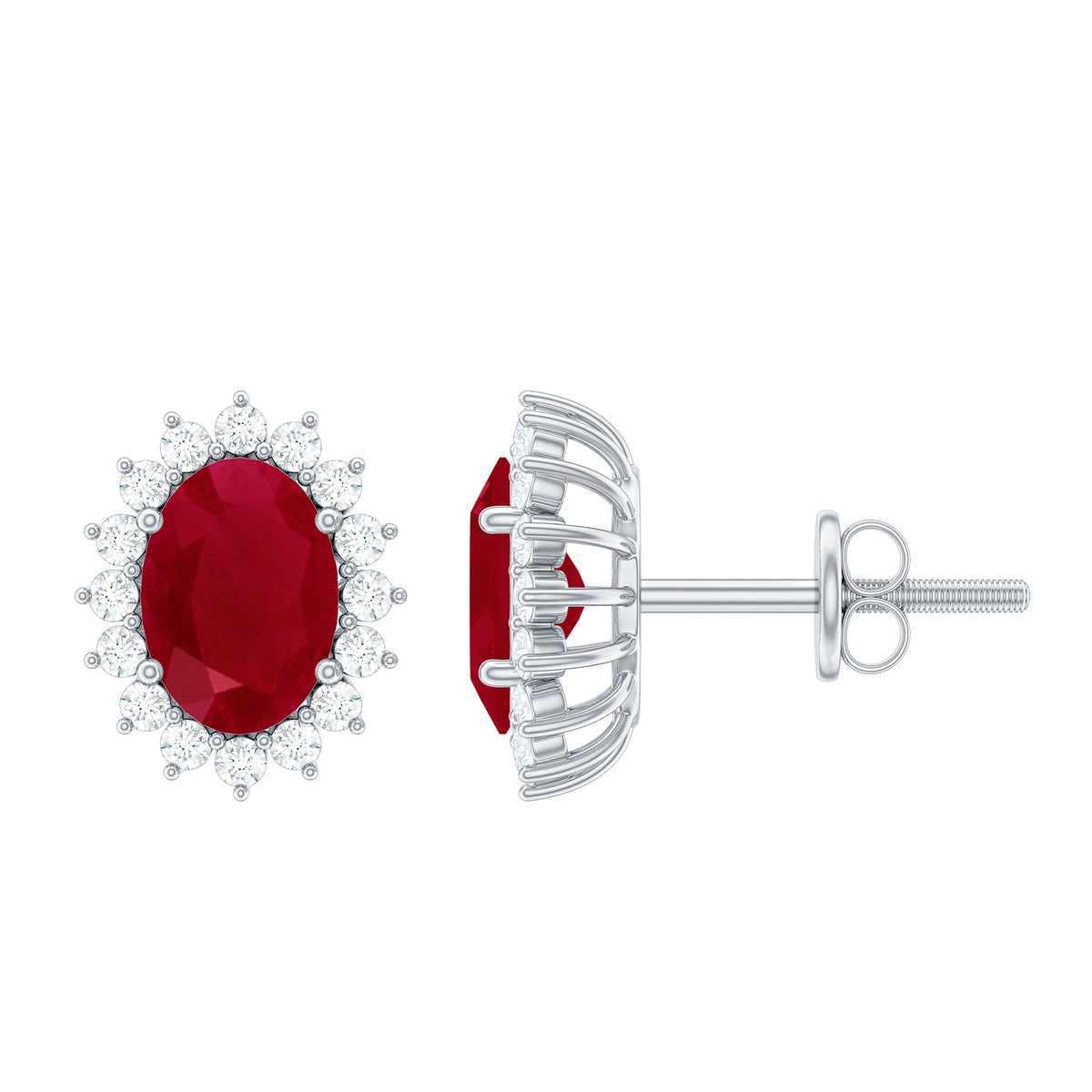 Genuine oval cut ruby and diamond halo stud earrings by Rosec Jewels featuring sparkling gemstones and elegant design.