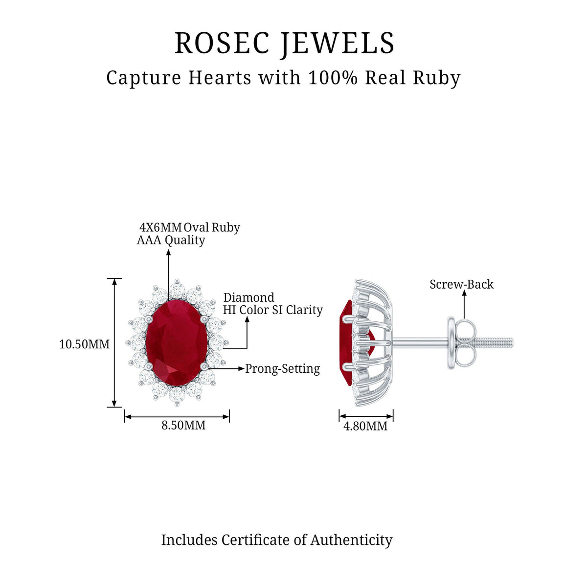 Genuine oval cut ruby and diamond halo stud earrings by Rosec Jewels featuring sparkling gemstone accents.