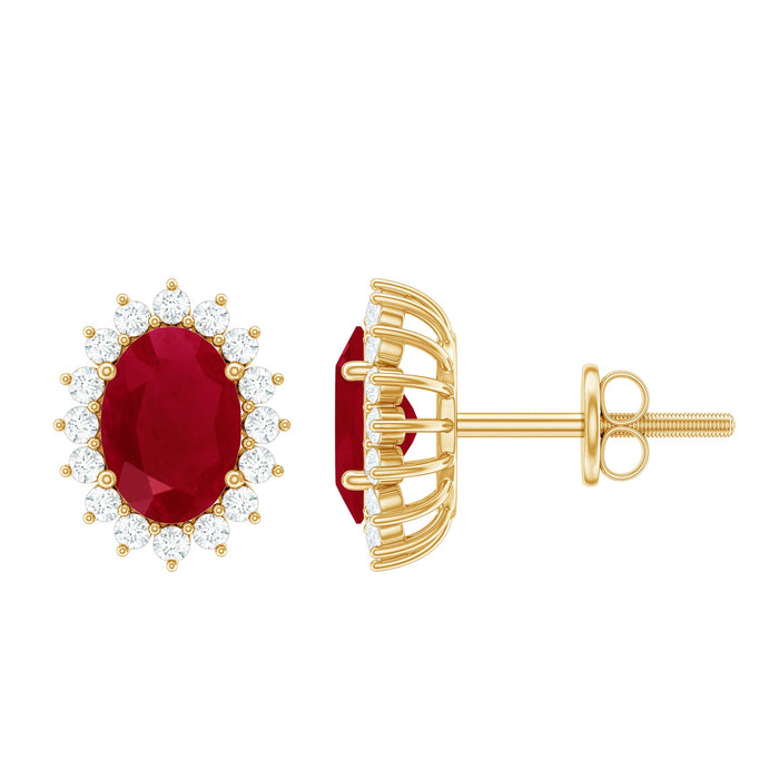 Genuine oval cut ruby and diamond halo stud earrings by Rosec Jewels featuring sparkling gemstones and elegant design.