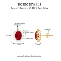 Genuine oval cut ruby and diamond halo stud earrings by Rosec Jewels featuring sparkling gemstones and elegant design