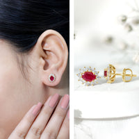 Genuine oval cut ruby and diamond halo stud earrings by Rosec Jewels showcasing sparkling gemstones and elegant design.