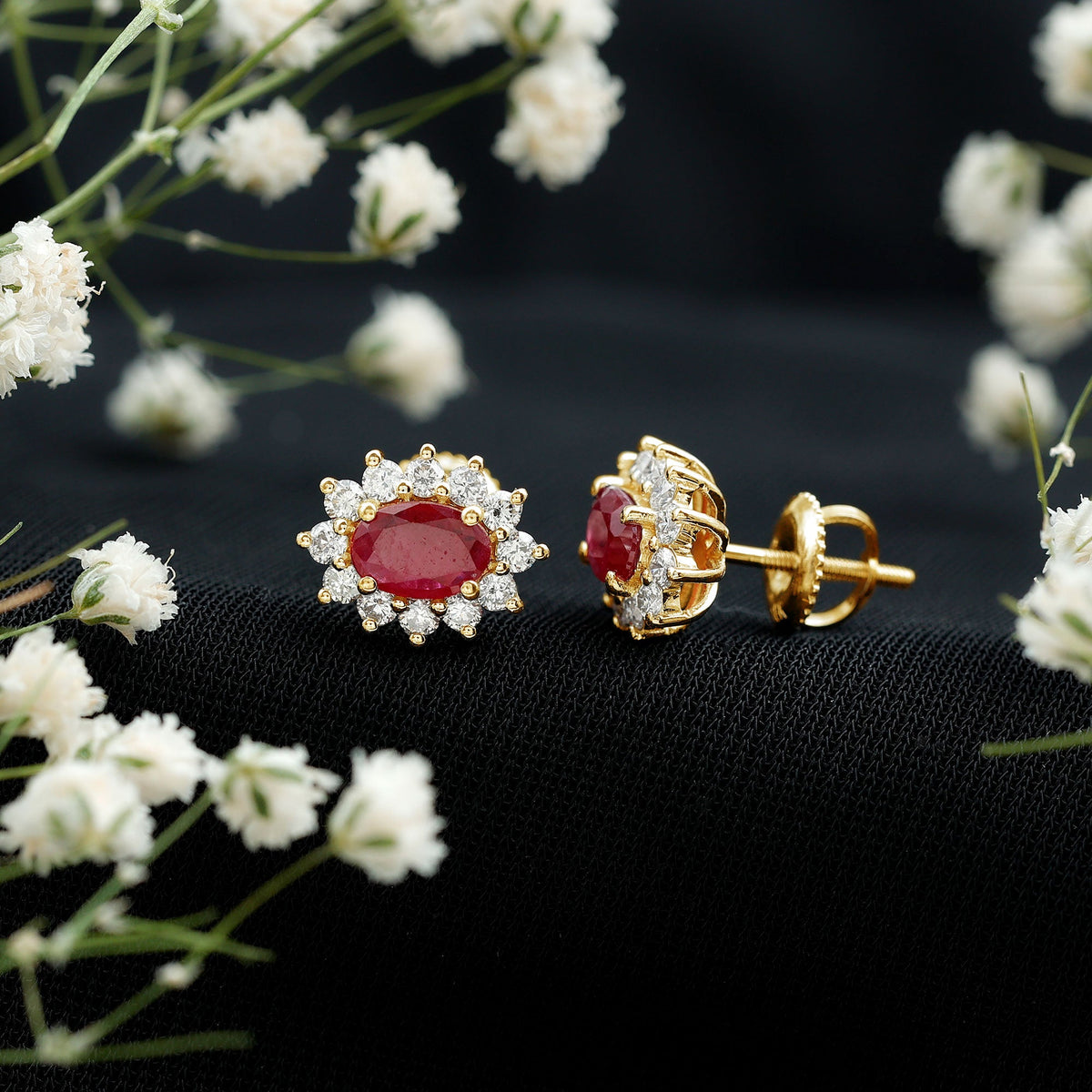 Oval cut ruby and diamond halo stud earrings by Rosec Jewels featuring genuine gemstones and elegant design.
