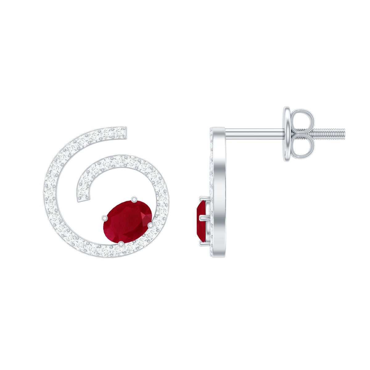 Oval cut ruby and diamond swirl stud earrings by Rosec Jewels, featuring 1 carat total weight and intricate design.
