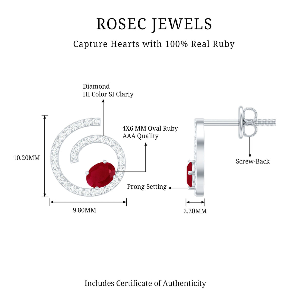 Oval cut ruby and diamond swirl stud earrings by Rosec Jewels, featuring a 1-carat oval ruby and sparkling diamonds.