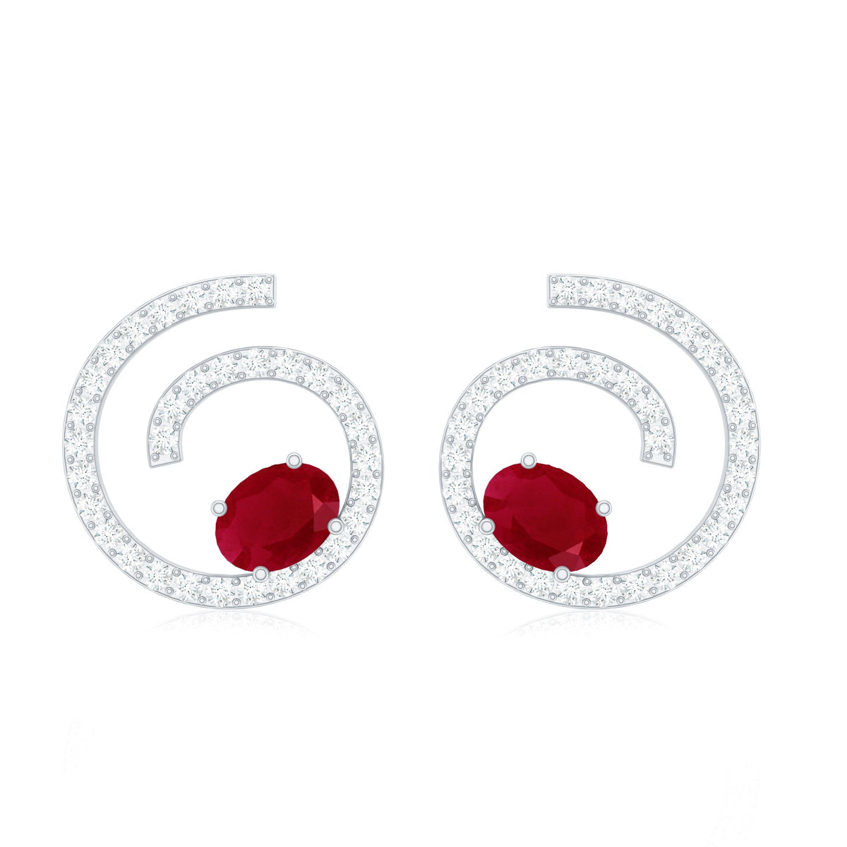 Oval cut ruby and diamond swirl stud earrings by Rosec Jewels, featuring sparkling gemstones in a elegant earring design.