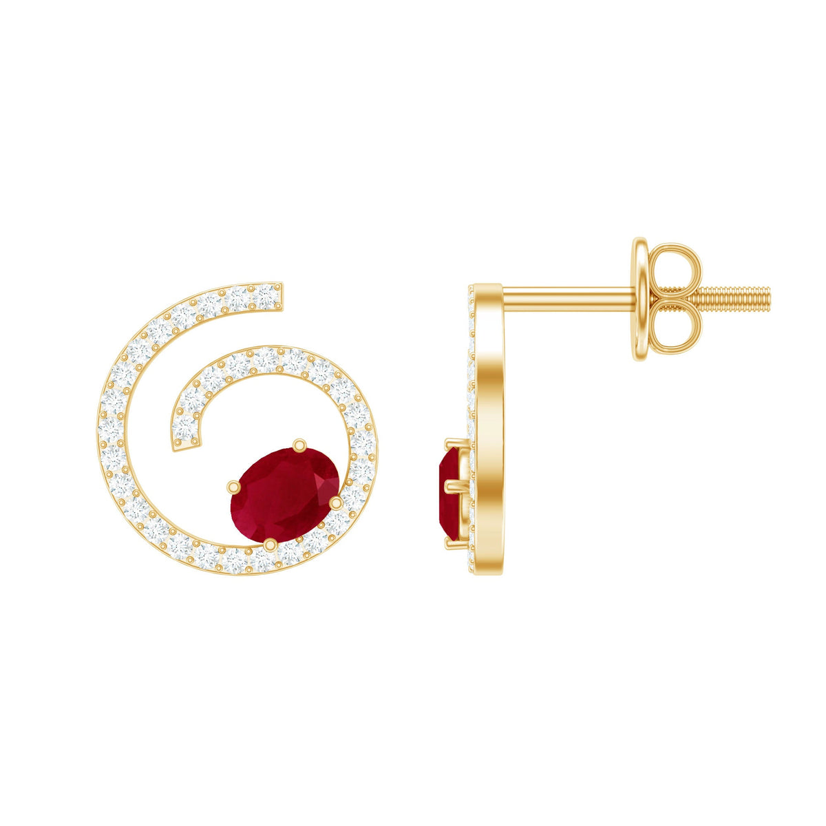 Oval cut ruby and diamond swirl stud earrings by Rosec Jewels featuring a 1 carat total weight, elegant and sparkling jewelry.