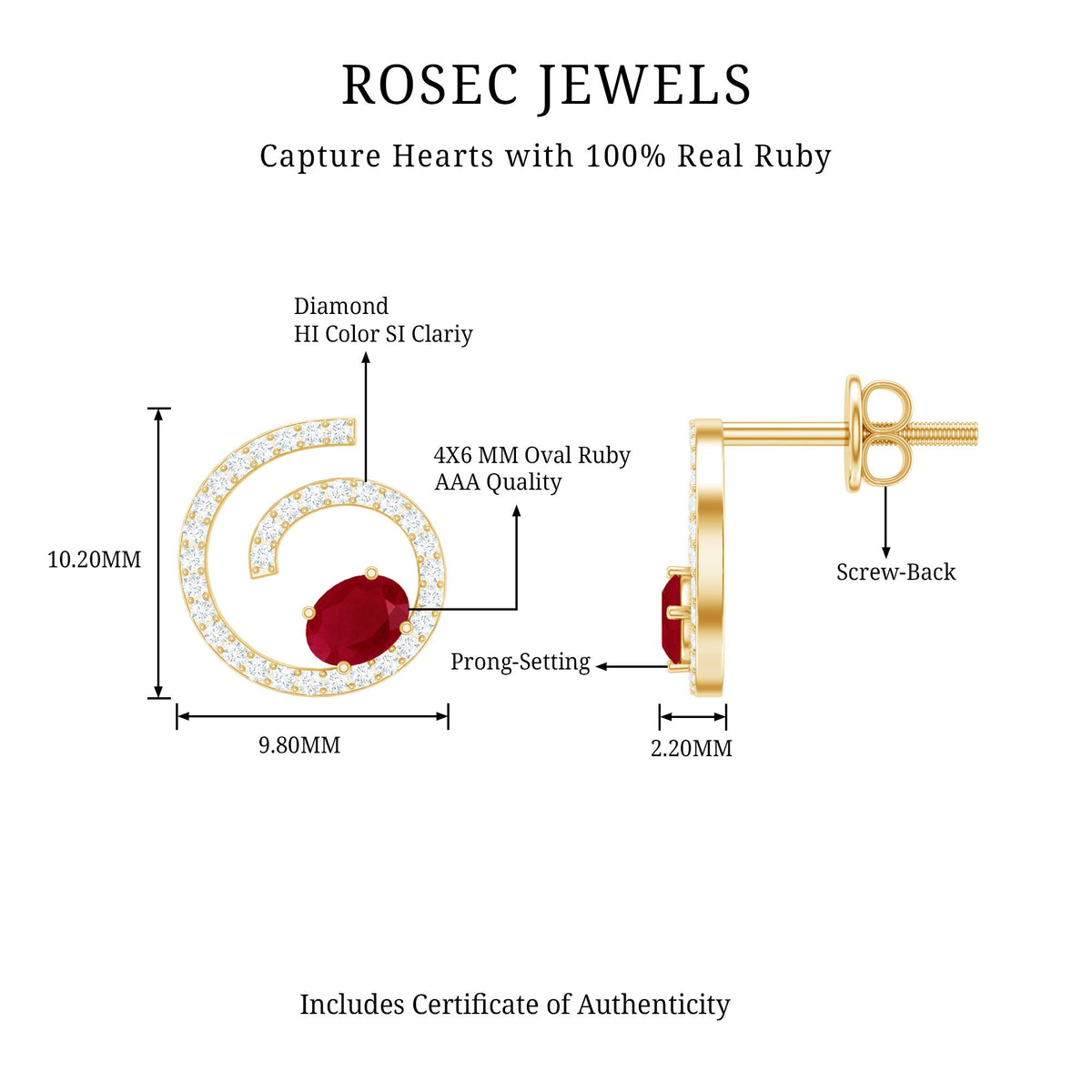 Oval cut ruby and diamond swirl stud earrings by Rosec Jewels featuring a 1-carat total weight, elegant and sparkling jewelry piece.