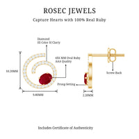 Oval cut ruby and diamond swirl stud earrings by Rosec Jewels featuring a 1-carat total weight, elegant and sparkling jewelry piece.