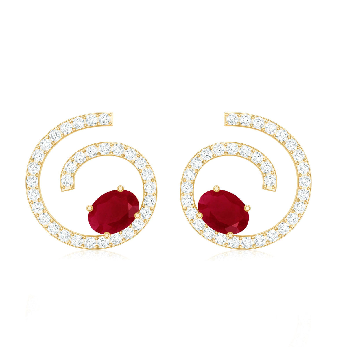 Oval cut ruby and diamond swirl stud earrings by Rosec Jewels featuring a 1 carat ruby and sparkling diamonds in a sleek design.