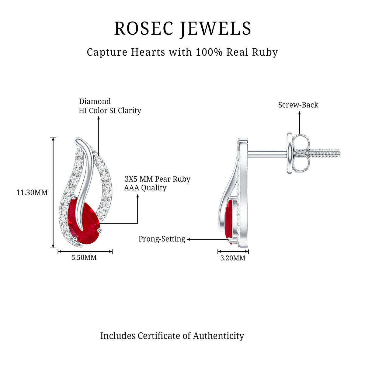 Natural 0.6 carat ruby leaf earrings with diamonds for women, crafted by Rosec Jewels, featuring elegant gold leaf design.