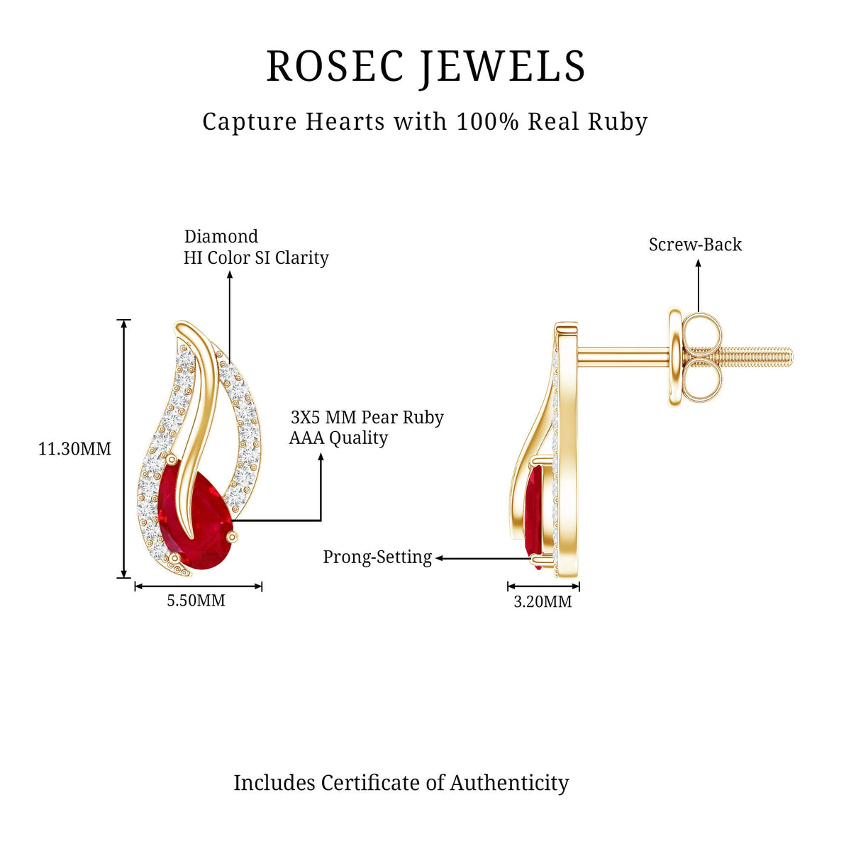 Natural 0.6 carat ruby leaf earrings with diamonds for women, featuring elegant gold design by Rosec Jewels.