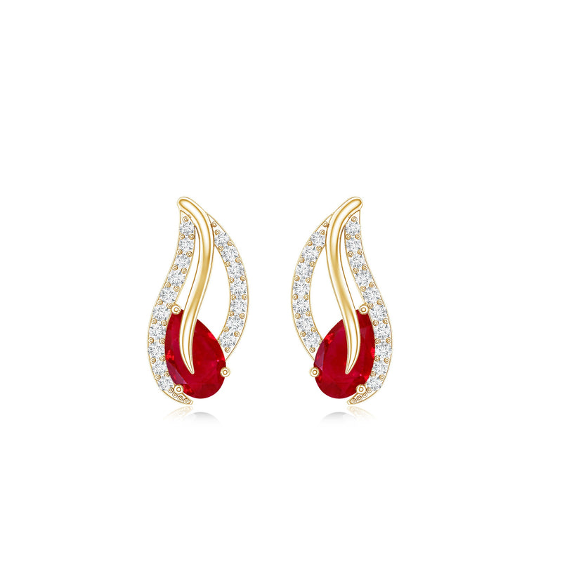 Natural 0.6 carat ruby leaf earrings with diamond accents for women by Rosec Jewels, showcasing elegant jewelry design.