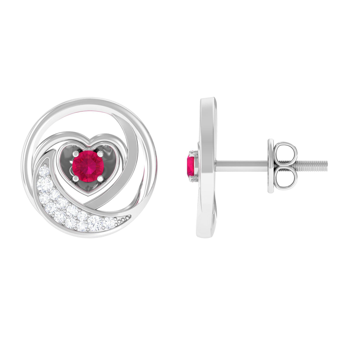 Round Ruby and Diamond Heart Stud Earrings from Rosec Jewels, featuring sparkling gemstones in a heart shape design.