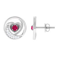 Round Ruby and Diamond Heart Stud Earrings from Rosec Jewels, featuring sparkling gemstones in a heart shape design.