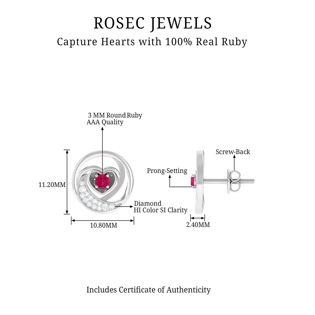 Round ruby and diamond heart stud earrings by Rosec Jewels featuring sparkling gemstones and a classic earring design.