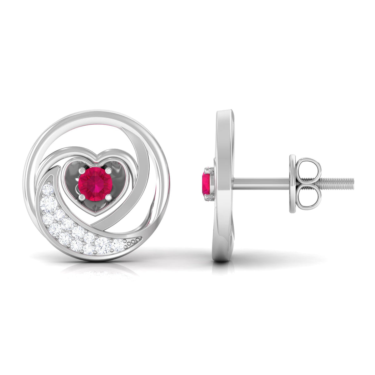 Round ruby and diamond heart stud earrings by Rosec Jewels, featuring sparkling gemstones and a delicate heart shape.