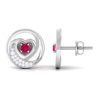 Round ruby and diamond heart stud earrings by Rosec Jewels, featuring sparkling gemstones and a delicate heart shape.