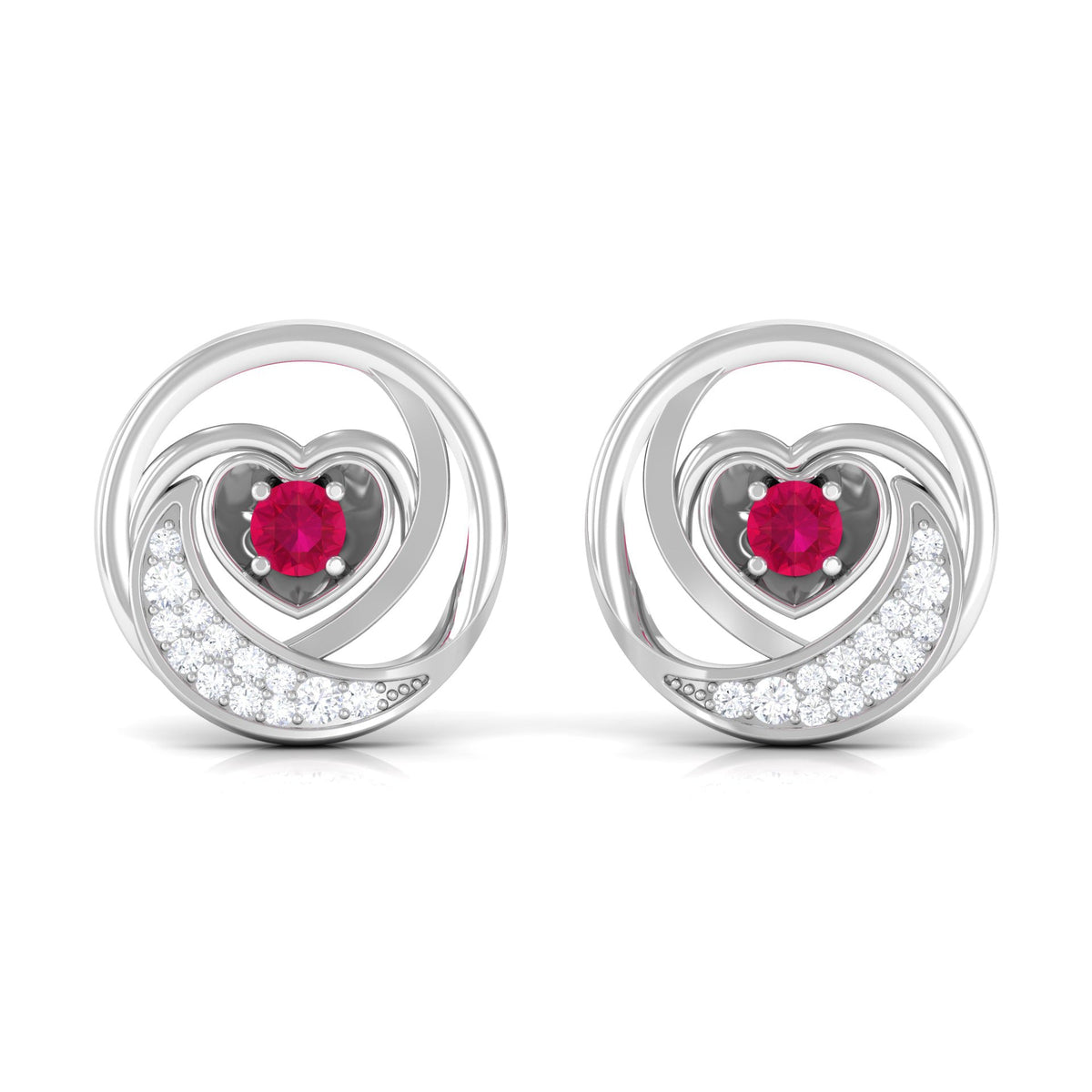Round ruby and diamond heart stud earrings from Rosec Jewels featuring sparkling gemstones and a delicate, elegant design.