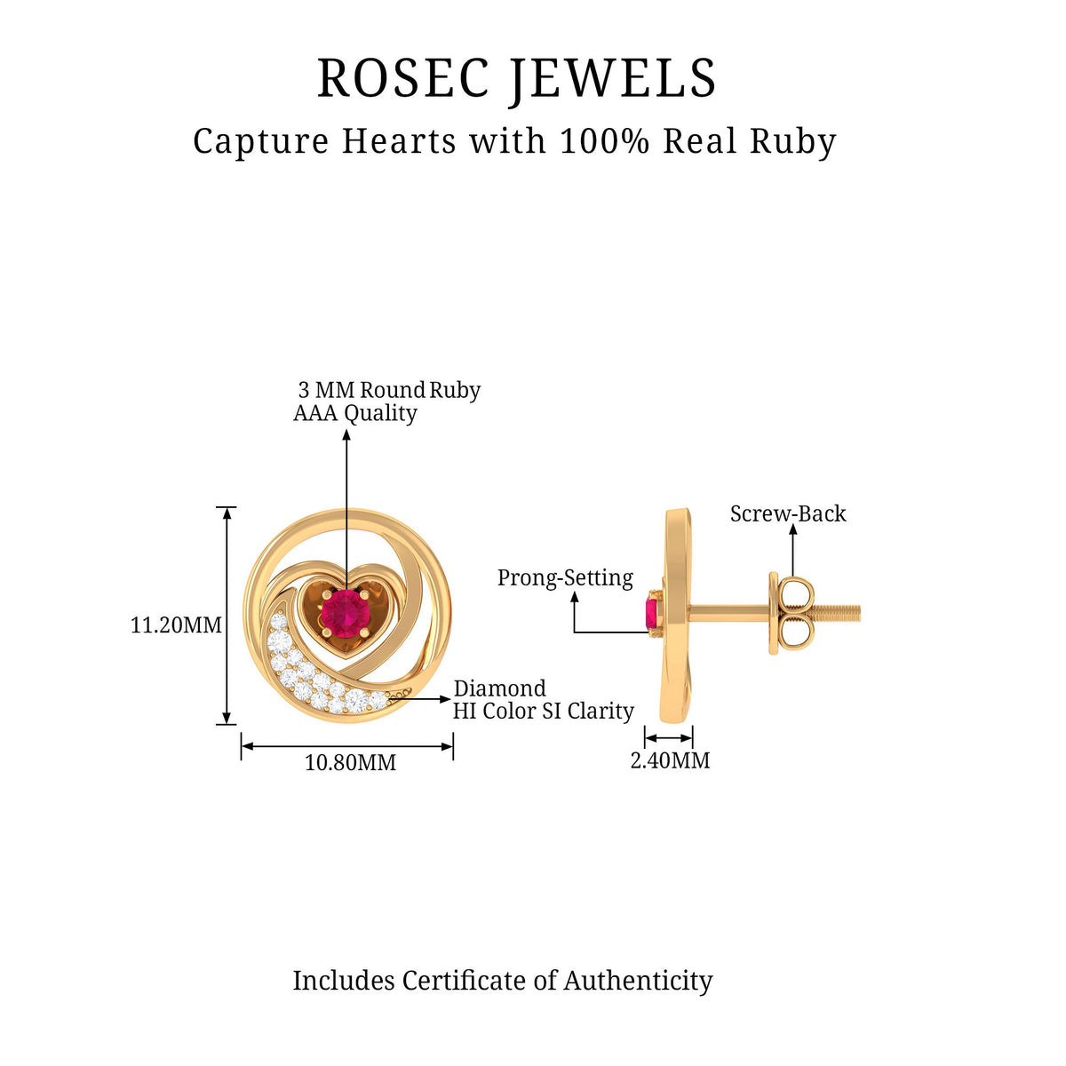 Round ruby and diamond heart stud earrings by Rosec Jewels featuring sparkling gemstones and a classic design.