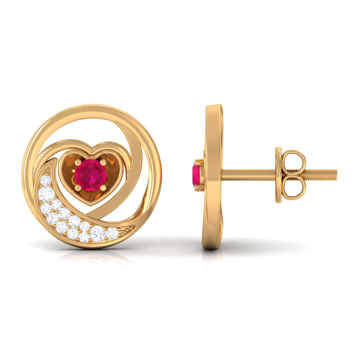 Round ruby and diamond heart stud earrings by Rosec Jewels featuring sparkling gemstones and a delicate heart shape.