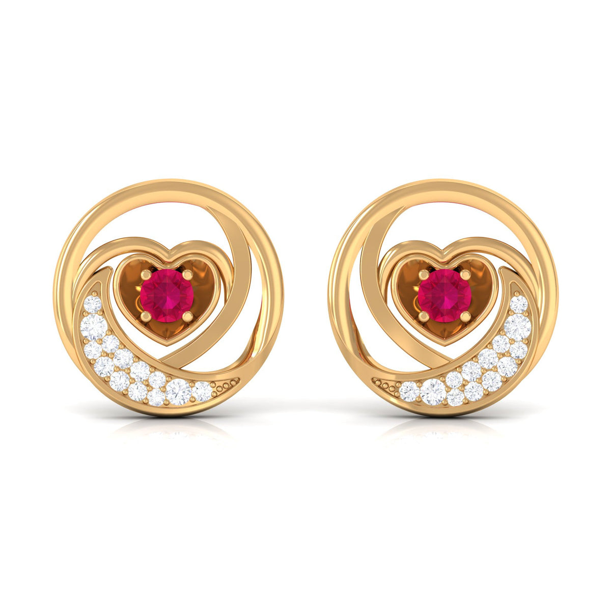 Round ruby and diamond heart stud earrings from Rosec Jewels featuring sparkling gemstones and a delicate design.