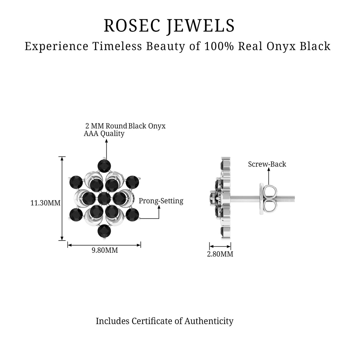 Genuine black onyx flower stud earrings by Rosec Jewels featuring elegant gemstone floral design.