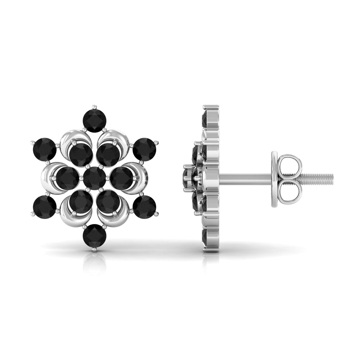 Genuine black onyx flower stud earrings by Rosec Jewels featuring elegant, natural gemstone design on sterling silver earrings.